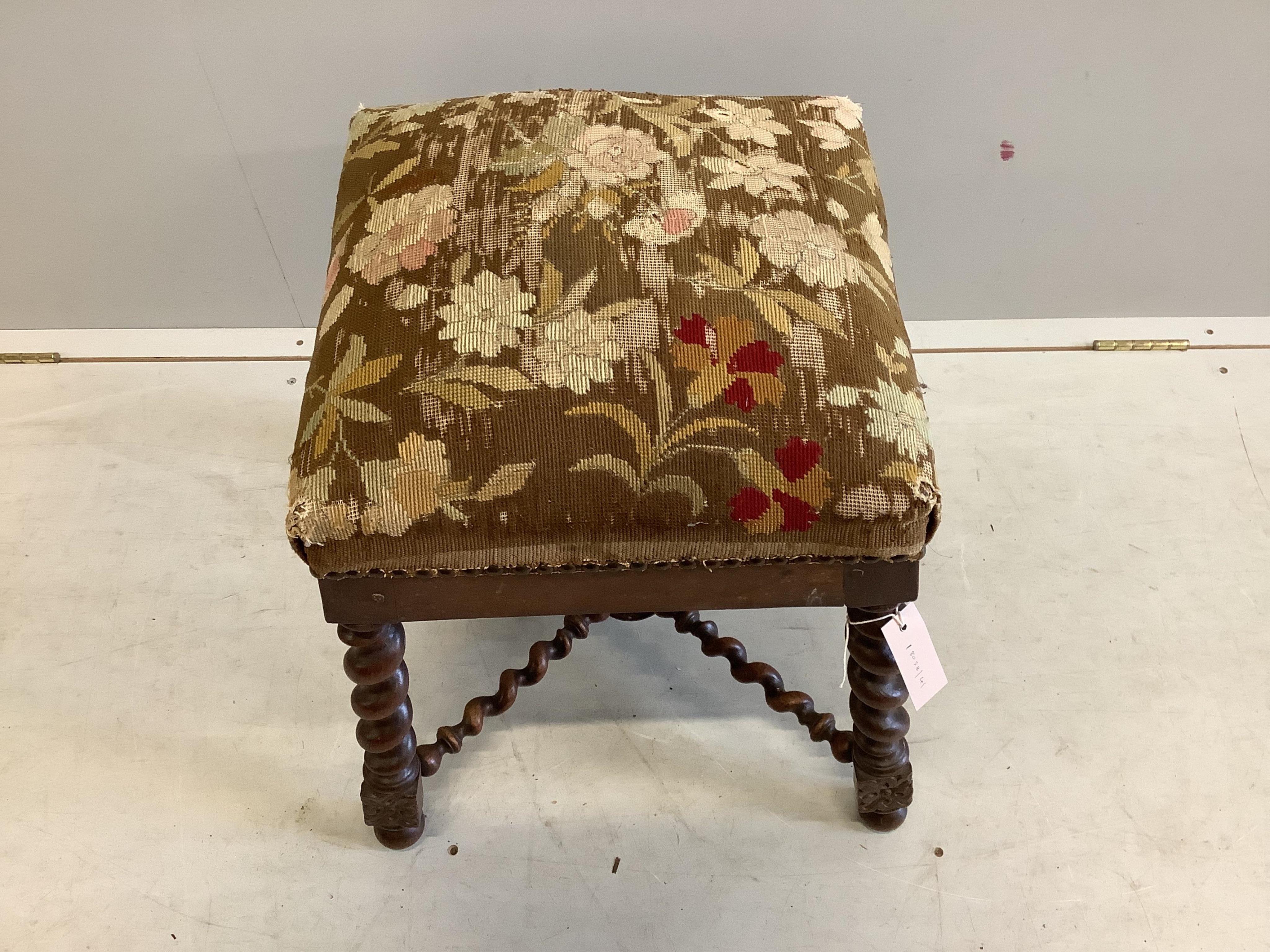 A 19th century French tapestry dressing stool on spiral turned underframe, width 46cm, depth 46cm, height 53cm. Condition - poor to fair